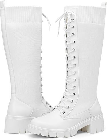 Vepose Women's 953 Knee High Combat Boots Chunky Platform Heel, Lace Up Gothic Punk Work Boots for Dresses and Jeans in Kuwait