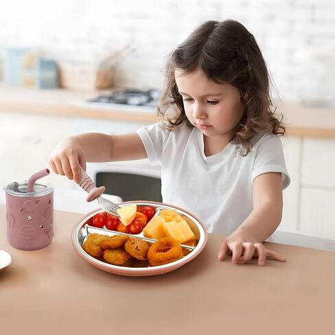 PandaEar Stainless Steel Baby Feeding Set | 2 Divided Suction Plates, 2 Spill-Proof Straw Cups with Silicone Sleeves, 2 Forks & 2 Spoons | Toddler Utensils for Baby Led Weaning, BPA-Free in Saudi Arabia