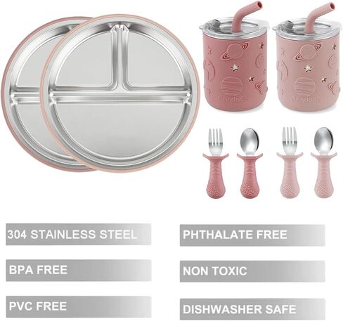 PandaEar Stainless Steel Baby Feeding Set | 2 Divided Suction Plates, 2 Spill-Proof Straw Cups with Silicone Sleeves, 2 Forks & 2 Spoons | Toddler Utensils for Baby Led Weaning, BPA-Free in Saudi Arabia