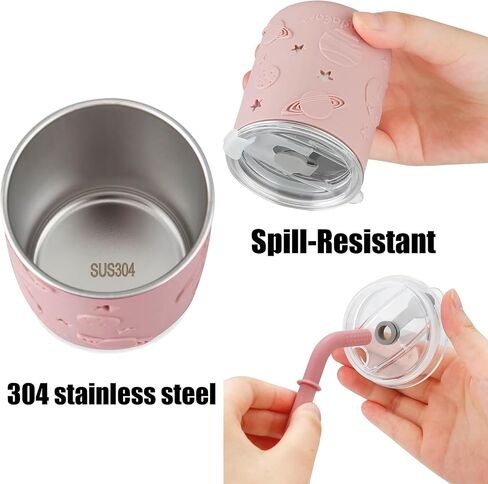 PandaEar Stainless Steel Baby Feeding Set | 2 Divided Suction Plates, 2 Spill-Proof Straw Cups with Silicone Sleeves, 2 Forks & 2 Spoons | Toddler Utensils for Baby Led Weaning, BPA-Free in Saudi Arabia