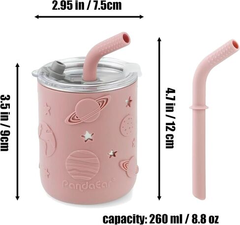 PandaEar Stainless Steel Baby Feeding Set | 2 Divided Suction Plates, 2 Spill-Proof Straw Cups with Silicone Sleeves, 2 Forks & 2 Spoons | Toddler Utensils for Baby Led Weaning, BPA-Free in Saudi Arabia