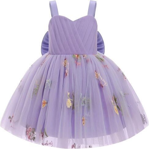 ODASDO Toddler Baby Kids Girls Spaghetti Strap Bowknot Floral Embroidery Tulle Tutu Princess Dresses for Wedding Party in Saudi Arabia