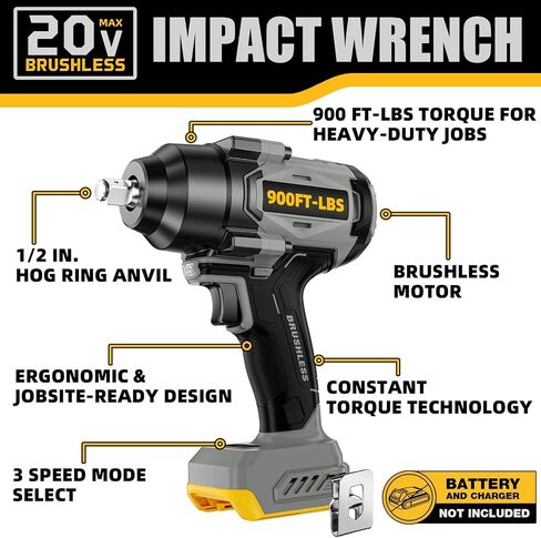 900 قدم رطل (1200N.M) مفتاح التأثير اللاسلكي 1/2 "بدون فرش ، متوافق مع بطاريات Dewal 20V Max ، وعزم دوران مرتفع 3 سرعات ، وتكنولوجيا عزم الدوران الثابت ، والأداة فقط ، وشاحن غير متضمن in Saudi Arabia