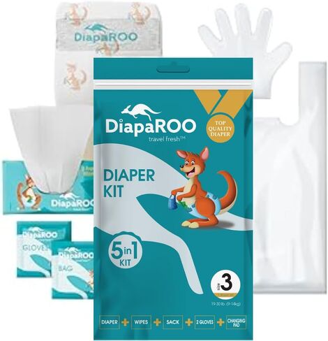 Diaparoo All-in-One Diaper Diaper Kit-5-in-1 KIT DIEPer ، مناديل ، قفازات وحقيبة التخلص-مجموعة الطوارئ بحجم الجيب للآباء والأمهات أثناء التنقل-حجم مجموعة تغيير قابلة للتصرف 1 in Saudi Arabia