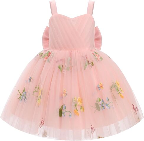 Odasdo Toddler Baby Kids Girls Spaghetti Strap Bowknot Floral Ploral Tulle Tutu Princess Dresses for Wedding Party in Kuwait