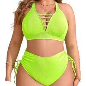 Plump Women's Two Piece High Waist Bikini Set, Plus Size Neon Green Chubby Swimwear, Ribbed Fabric Bathers, Strappy Front in Kuwait