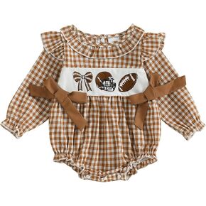 Newborn Infant Baby Girl Outfit Fall Football Long Sleeve Romper Bodysuit Ruffled Plaid Bubble Clothes in Saudi Arabia