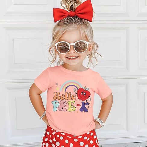 Hello pre k قمصان لطفل الفتيات الأول من قبل قميص ما قبل الروضة في Apple Rainbow العودة إلى School Outfit School Tops in Saudi Arabia