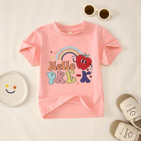 Hello pre k قمصان لطفل الفتيات الأول من قبل قميص ما قبل الروضة في Apple Rainbow العودة إلى School Outfit School Tops in Saudi Arabia
