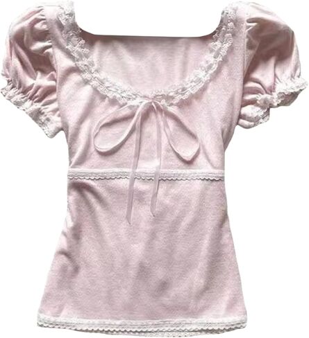 Coquette Cute Lace Trim Top Y2k Baby Tee Summer Short Sleeve V Neck Shirts 2000s Mcbling Vintage Fairy Grunge Top in Kuwait