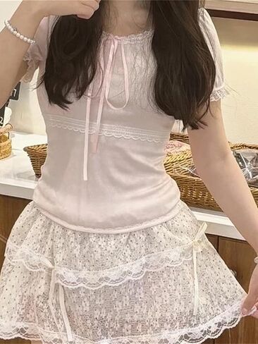 Coquette Cute Lace Trim Top Y2k Baby Tee Summer Short Sleeve V Neck Shirts 2000s Mcbling Vintage Fairy Grunge Top in Kuwait