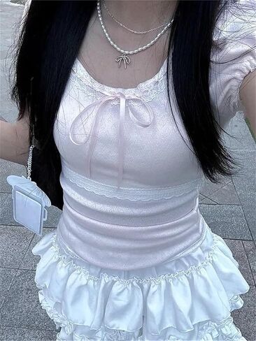 Coquette Cute Lace Trim Top Y2k Baby Tee Summer Short Sleeve V Neck Shirts 2000s Mcbling Vintage Fairy Grunge Top in Kuwait