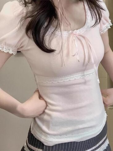 Coquette Cute Lace Trim Top Y2k Baby Tee Summer Short Sleeve V Neck Shirts 2000s Mcbling Vintage Fairy Grunge Top in Kuwait