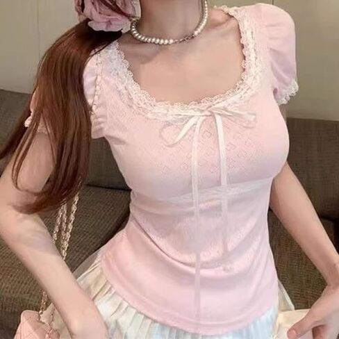 Coquette Cute Lace Trim Top Y2k Baby Tee Summer Short Sleeve V Neck Shirts 2000s Mcbling Vintage Fairy Grunge Top in Kuwait