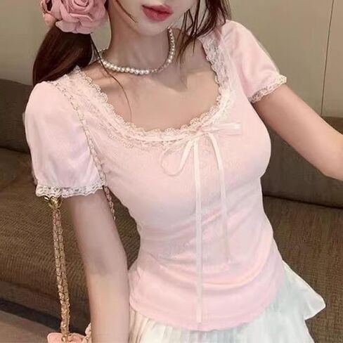 Coquette Cute Lace Trim Top Y2k Baby Tee Summer Short Sleeve V Neck Shirts 2000s Mcbling Vintage Fairy Grunge Top in Kuwait