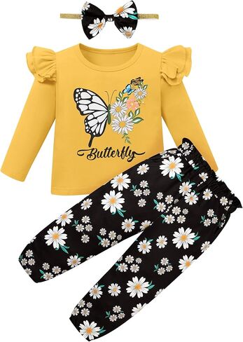 Coco & Rara Toddler Girl Girl Clothes Long Sleeves Top Print+Pants Floral+عقال 3pcs ملابس الخريف/الشتاء مجموعة 18M-6T in Kuwait