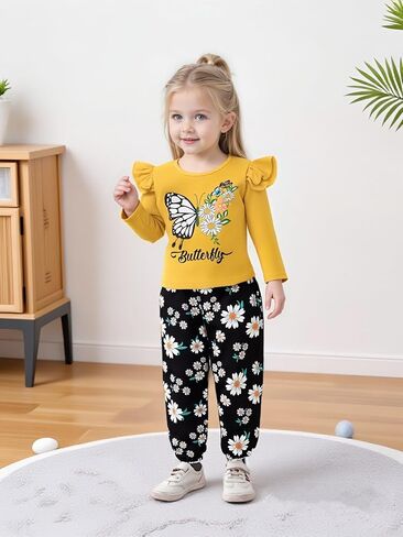 Coco & Rara Toddler Girl Girl Clothes Long Sleeves Top Print+Pants Floral+عقال 3pcs ملابس الخريف/الشتاء مجموعة 18M-6T in Kuwait