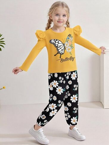 Coco & Rara Toddler Girl Girl Clothes Long Sleeves Top Print+Pants Floral+عقال 3pcs ملابس الخريف/الشتاء مجموعة 18M-6T in Kuwait
