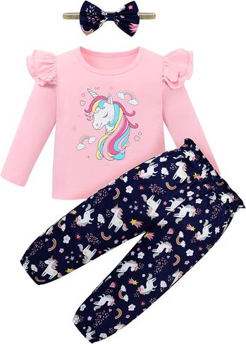 Coco & Rara Toddler Girl Girl Clothes Long Sleeves Top Print+Pants Floral+عقال 3pcs ملابس الخريف/الشتاء مجموعة 18M-6T in Kuwait