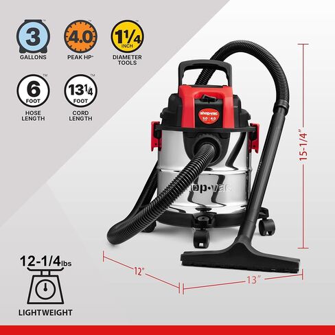 SHOP-VAC 3 GALLON 4.0 HP VACUUM WET/DRY مع وظيفة منفاخ ، خزان من الفولاذ المقاوم للصدأ ، فراغ متجر محمول مع عجلات ، يشمل المرشحات والخرطوم والملحقات ، مثالية للمرآب وورشة العمل in Kuwait