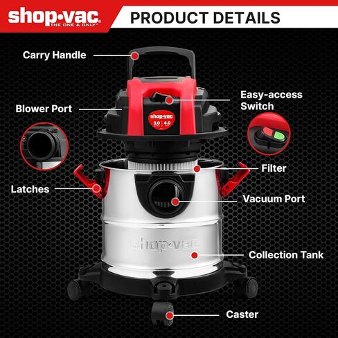 SHOP-VAC 3 GALLON 4.0 HP VACUUM WET/DRY مع وظيفة منفاخ ، خزان من الفولاذ المقاوم للصدأ ، فراغ متجر محمول مع عجلات ، يشمل المرشحات والخرطوم والملحقات ، مثالية للمرآب وورشة العمل in Kuwait