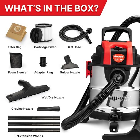 SHOP-VAC 3 GALLON 4.0 HP VACUUM WET/DRY مع وظيفة منفاخ ، خزان من الفولاذ المقاوم للصدأ ، فراغ متجر محمول مع عجلات ، يشمل المرشحات والخرطوم والملحقات ، مثالية للمرآب وورشة العمل in Kuwait
