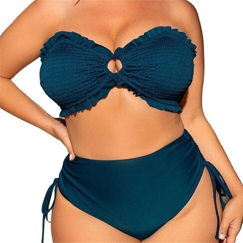 Women's Two Piece Swimsuit, Teal Blue Ruffle Bandeau Bikini Plump Female Beachwear, Textured Pleated Chubby Swimwear in Kuwait