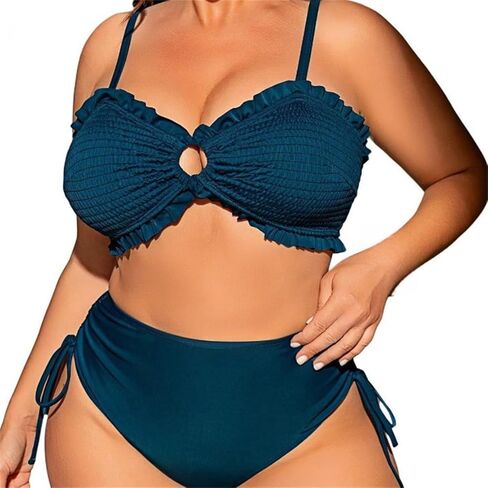 Women's Two Piece Swimsuit, Teal Blue Ruffle Bandeau Bikini Plump Female Beachwear, Textured Pleated Chubby Swimwear in Kuwait