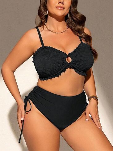 Women's Two Piece Swimsuit, Teal Blue Ruffle Bandeau Bikini Plump Female Beachwear, Textured Pleated Chubby Swimwear in Kuwait