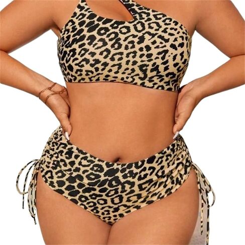 Chubby Women Two Piece Leopard Print Bikini Set, High Waist Swimsuit with Side Tie Plus Size Animal Pattern Swimwear in Kuwait