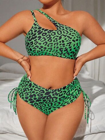 Chubby Women Two Piece Leopard Print Bikini Set, High Waist Swimsuit with Side Tie Plus Size Animal Pattern Swimwear in Kuwait