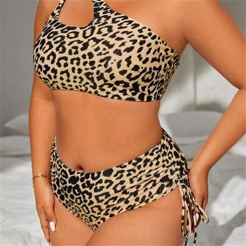 Chubby Women Two Piece Leopard Print Bikini Set, High Waist Swimsuit with Side Tie Plus Size Animal Pattern Swimwear in Kuwait