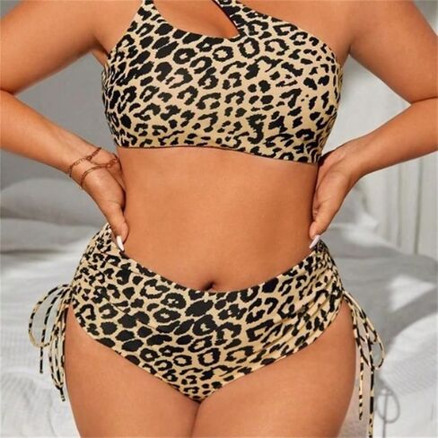 Chubby Women Two Piece Leopard Print Bikini Set, High Waist Swimsuit with Side Tie Plus Size Animal Pattern Swimwear in Kuwait
