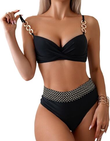 امرأة مثيرة صغيرة أسود بيكيني مجموعة الدفع لأعلى ملابس السباحة مع حلقة معدنية عالية الخصر بدلة الاستحمام PQ24010 in Kuwait