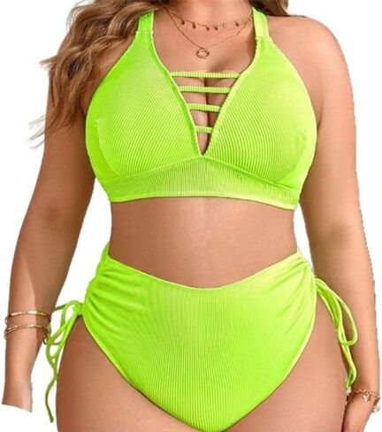 Plump Women's Two Piece High Waist Bikini Set, Plus Size Neon Green Chubby Swimwear, Ribbed Fabric Bathers, Strappy Front in Kuwait
