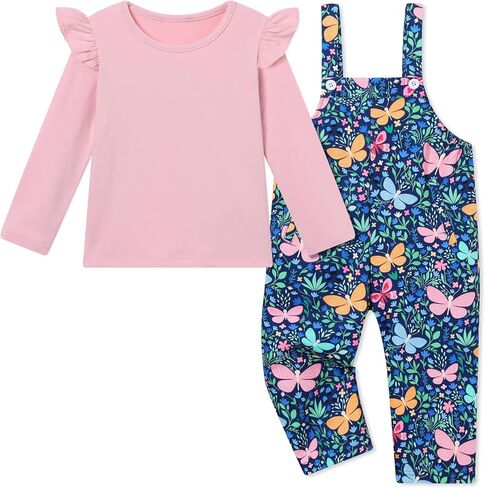 YUEMION Toddler Girl Clothes 2Pcs Baby Girl Outfit Fall Winter Clothing Floral Long Sleeve Top+ Overall Pants Set 18M-6Y in Kuwait
