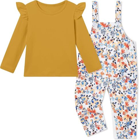 YUEMION Toddler Girl Clothes 2Pcs Baby Girl Outfit Fall Winter Clothing Floral Long Sleeve Top+ Overall Pants Set 18M-6Y in Kuwait