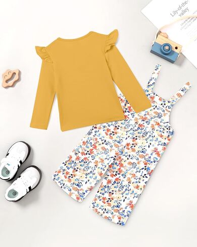YUEMION Toddler Girl Clothes 2Pcs Baby Girl Outfit Fall Winter Clothing Floral Long Sleeve Top+ Overall Pants Set 18M-6Y in Kuwait