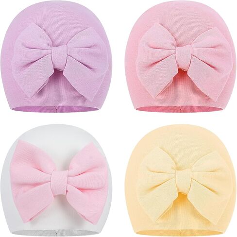 Larrel 4PCS Preemie Hats, Bow Cap for Baby, Cotton Preemie Caps, Newborn Hospital Cap for Premature Girls and Boys, Warm Hospital Premature Baby Cotton Beanie (Beige/Purple/Pink/White) in Saudi Arabia