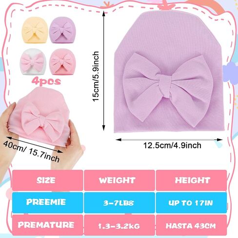 Larrel 4PCS Preemie Hats, Bow Cap for Baby, Cotton Preemie Caps, Newborn Hospital Cap for Premature Girls and Boys, Warm Hospital Premature Baby Cotton Beanie (Beige/Purple/Pink/White) in Saudi Arabia