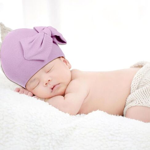 Larrel 4PCS Preemie Hats, Bow Cap for Baby, Cotton Preemie Caps, Newborn Hospital Cap for Premature Girls and Boys, Warm Hospital Premature Baby Cotton Beanie (Beige/Purple/Pink/White) in Saudi Arabia