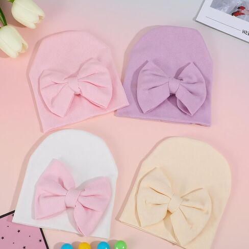 Larrel 4PCS Preemie Hats, Bow Cap for Baby, Cotton Preemie Caps, Newborn Hospital Cap for Premature Girls and Boys, Warm Hospital Premature Baby Cotton Beanie (Beige/Purple/Pink/White) in Saudi Arabia