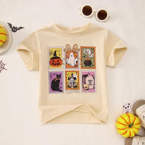 CM C&M WODRO Toddler Baby Girl Halloween Shirts Kids Pumpkin Ghost Cats Graphic T-Shirt Spooky Season Short Sleeve Tee Tops in Saudi Arabia