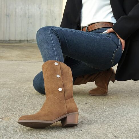 Starmerx Womens Suede Mid Calf Boots 3 Way Way Over Style Block Block Heel Booties Fall Winter in Kuwait