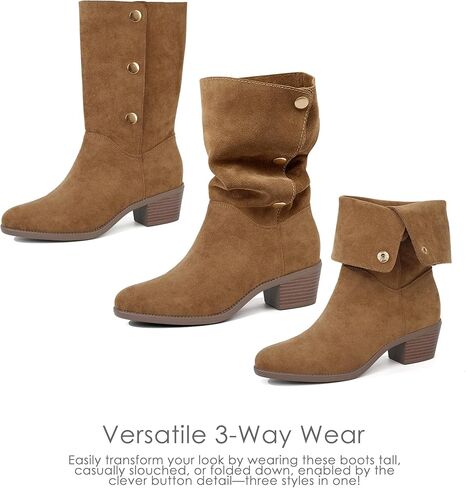 Starmerx Womens Suede Mid Calf Boots 3 Way Way Over Style Block Block Heel Booties Fall Winter in Kuwait