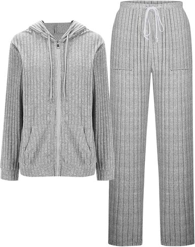 Womens 2 Pieces Lounge Sets Knit Sweater Sets Casual Long Sleeve Sweatshirt Hoodies Jacket Wide Leg Pants Tracksuits in Saudi Arabia