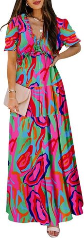 BLENCOT Women's Casual Boho Floral Printed Deep V Neck Dress in Kuwait