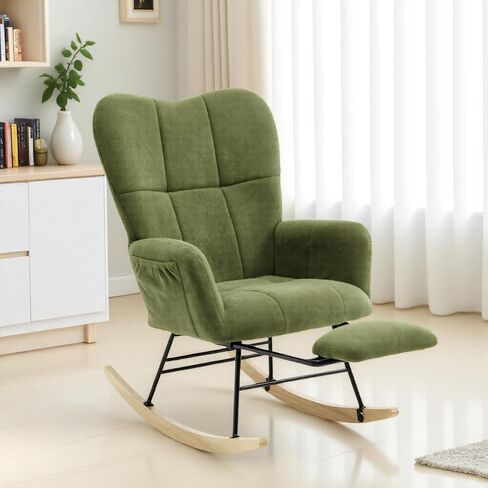 KEEZY Rocking Chair Nursery,Upholstered Glider Chair Padded Seat with High Backrest,Reading Chair,Armchair Comfy Side Chair for Living Room Bedroom Offices (Green) in Saudi Arabia