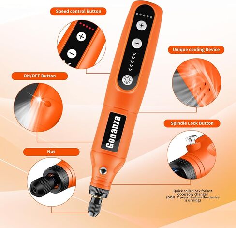 GONANZA Mini Cordless Rotary Tool Kit - 5-Speed, 3.7V Power Supply with LED Light 62 Accessories for Engraving, Sanding, Polishing, Type-C Rechargeable Perfect for DIY Crafts and Precision Work in Saudi Arabia