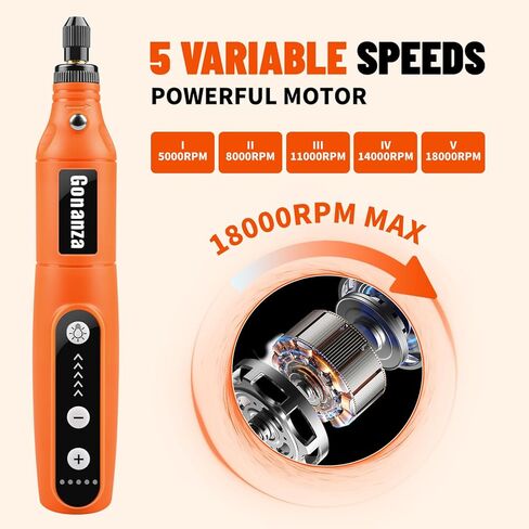 GONANZA Mini Cordless Rotary Tool Kit - 5-Speed, 3.7V Power Supply with LED Light 62 Accessories for Engraving, Sanding, Polishing, Type-C Rechargeable Perfect for DIY Crafts and Precision Work in Saudi Arabia